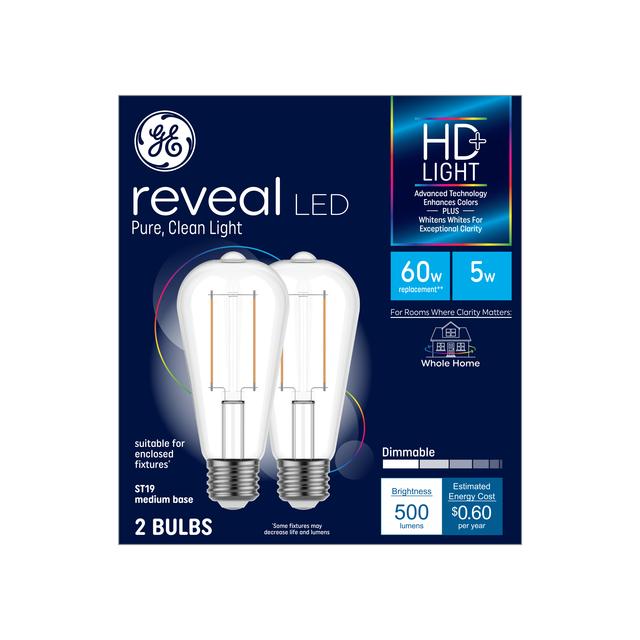 GE Reveal HD+ LED 60 Watt Replacement, Reveal, ST19 Edison Bulbs (2 Pack)