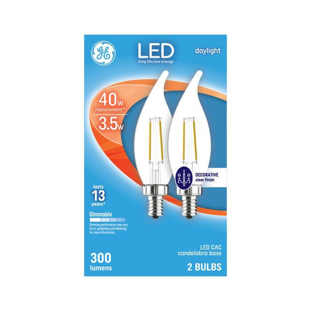 GE LED Light Bulbs, CA11 Decorative Candle Bulbs, 40 Watt Replacement, Daylight (2 Pack)