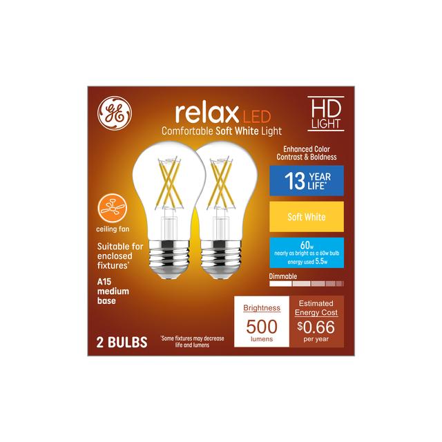 GE Relax HD LED 60 Watt Replacement, Soft White, A15 Ceiling Fan Bulbs (2 Pack)