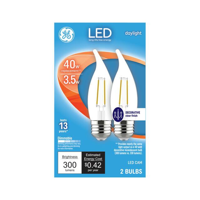 GE LED Light Bulbs, CA11 Decorative Candle Bulbs, 40 Watt Replacement, Daylight (2 Pack)