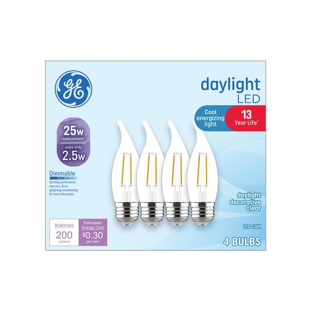 GE LED Light Bulbs, CA11 Decorative Candle Bulbs, 25 Watt Replacement, Daylight (4 Pack)