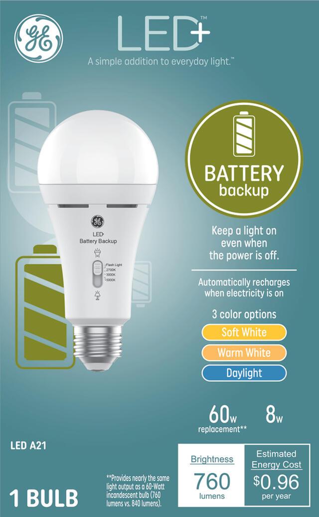 GE LED+ Battery Backup LED Light Bulbs,General Purpose, A21 Bulb, 8 Watts (1 Pack)