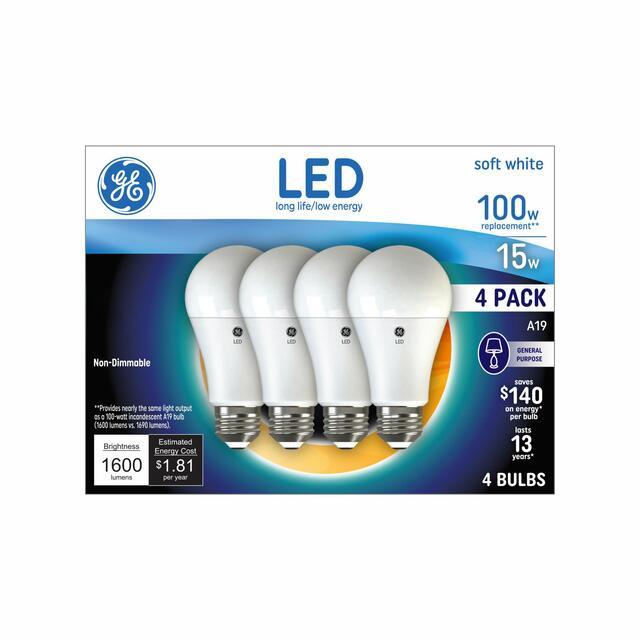 GE Classic LED 100 Watt Replacement, Soft White, A19 General Purpose Bulbs (4 Pack)