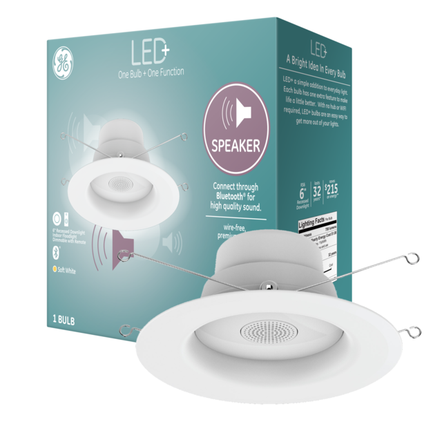 GE LED+ Bluetooth Speaker LED Light Fixture, RS48 Recessed LED Downlight, Wire-Free, No WiFi or Hub Required Remote Control Speaker Light